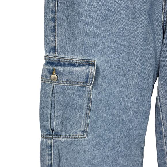 Cider Large Wide Leg Cargo Jeans Hi-Wash Button-Flap Pockets Zip-Fly Light Wash - Picture 3 of 8